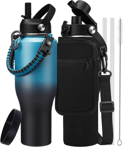 32 oz Stainless Steel Water Bottle with Straw - Spout Lid, Carrier Bag, Keep Cold-48H & Hot-24H Vacuum Insulated Flask Water Bottles Fits in Car Cup Holder, Bike, Coffee Travel Mug