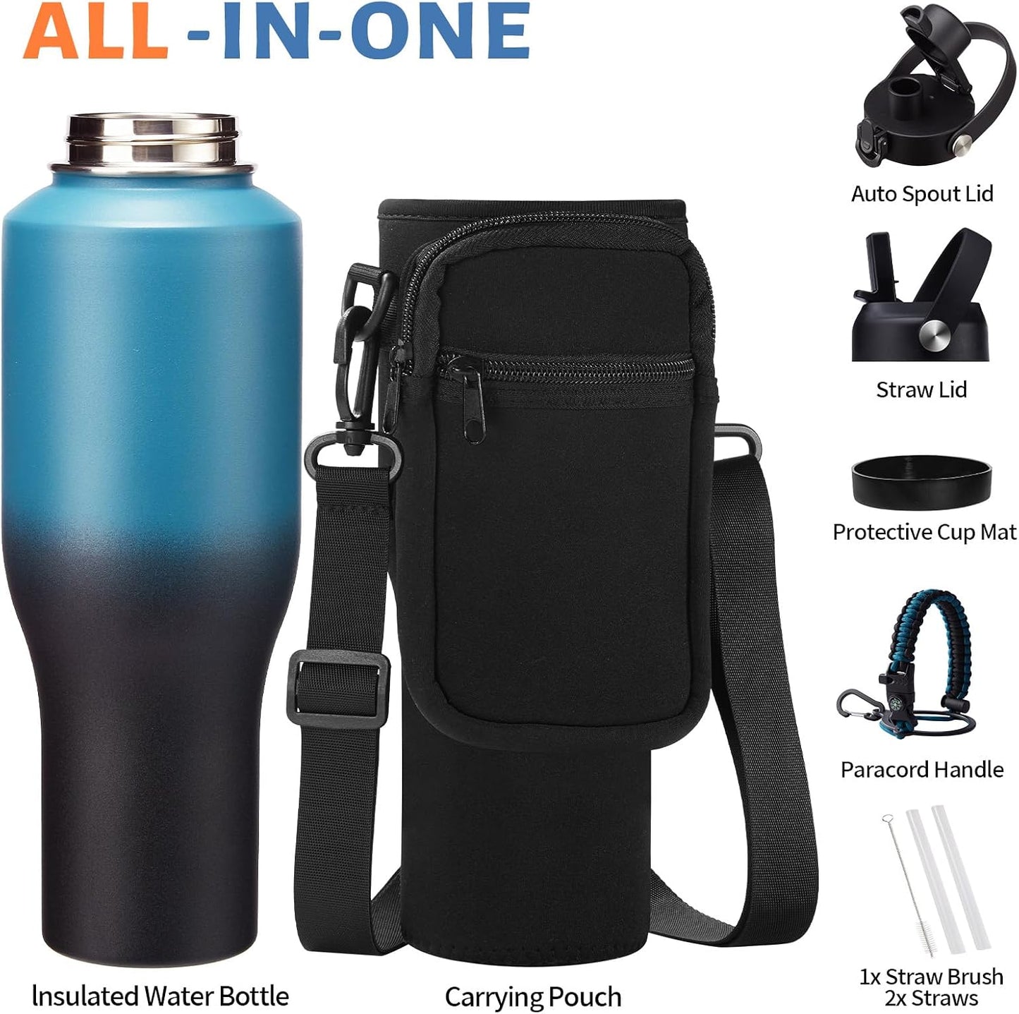 32 oz Stainless Steel Water Bottle with Straw - Spout Lid, Carrier Bag, Keep Cold-48H & Hot-24H Vacuum Insulated Flask Water Bottles Fits in Car Cup Holder, Bike, Coffee Travel Mug