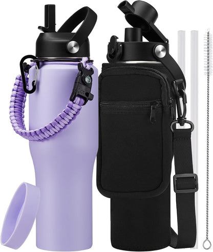 32 oz Stainless Steel Water Bottle with Straw - Spout Lid, Carrier Bag, Keep Cold-48H & Hot-24H Vacuum Insulated Flask Water Bottles Fits in Car Cup Holder, Bike, Coffee Travel Mug