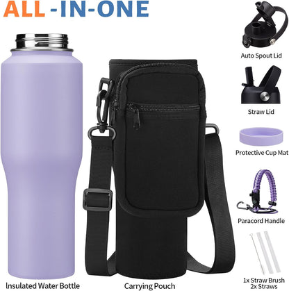 32 oz Stainless Steel Water Bottle with Straw - Spout Lid, Carrier Bag, Keep Cold-48H & Hot-24H Vacuum Insulated Flask Water Bottles Fits in Car Cup Holder, Bike, Coffee Travel Mug