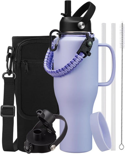 32 oz Stainless Steel Water Bottle with Straw - Spout Lid, Carrier Bag, Keep Cold-48H & Hot-24H Vacuum Insulated Flask Water Bottles Fits in Car Cup Holder, Bike, Coffee Travel Mug