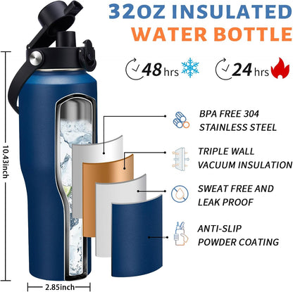 32 oz Stainless Steel Water Bottle with Straw - Spout Lid, Carrier Bag, Keep Cold-48H & Hot-24H Vacuum Insulated Flask Water Bottles Fits in Car Cup Holder, Bike, Coffee Travel Mug