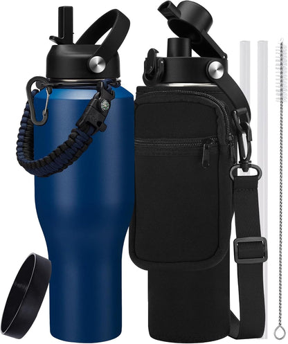 32 oz Stainless Steel Water Bottle with Straw - Spout Lid, Carrier Bag, Keep Cold-48H & Hot-24H Vacuum Insulated Flask Water Bottles Fits in Car Cup Holder, Bike, Coffee Travel Mug