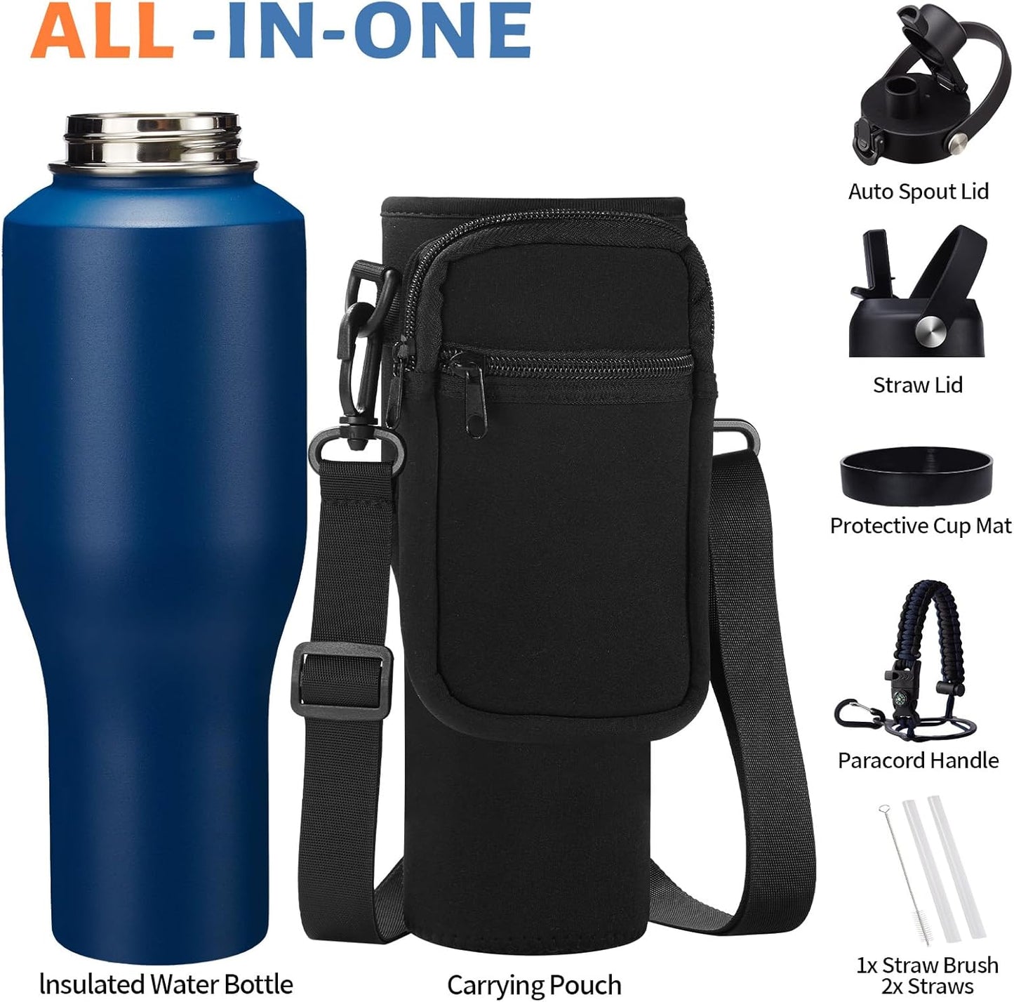 32 oz Stainless Steel Water Bottle with Straw - Spout Lid, Carrier Bag, Keep Cold-48H & Hot-24H Vacuum Insulated Flask Water Bottles Fits in Car Cup Holder, Bike, Coffee Travel Mug