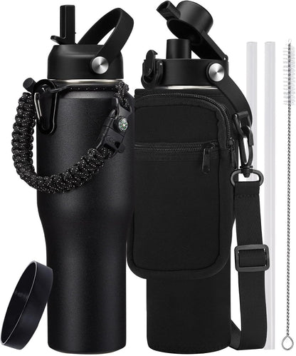 32 oz Stainless Steel Water Bottle with Straw - Spout Lid, Carrier Bag, Keep Cold-48H & Hot-24H Vacuum Insulated Flask Water Bottles Fits in Car Cup Holder, Bike, Coffee Travel Mug