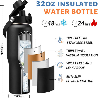 32 oz Stainless Steel Water Bottle with Straw - Spout Lid, Carrier Bag, Keep Cold-48H & Hot-24H Vacuum Insulated Flask Water Bottles Fits in Car Cup Holder, Bike, Coffee Travel Mug