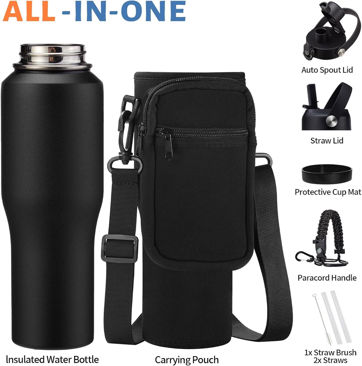 32 oz Stainless Steel Water Bottle with Straw - Spout Lid, Carrier Bag, Keep Cold-48H & Hot-24H Vacuum Insulated Flask Water Bottles Fits in Car Cup Holder, Bike, Coffee Travel Mug