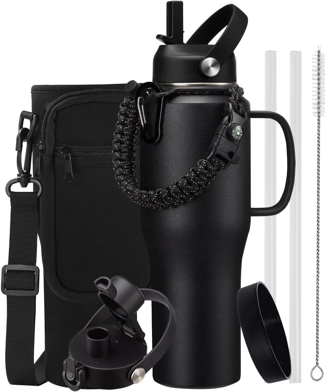 32 oz Stainless Steel Water Bottle with Straw - Spout Lid, Carrier Bag, Keep Cold-48H & Hot-24H Vacuum Insulated Flask Water Bottles Fits in Car Cup Holder, Bike, Coffee Travel Mug