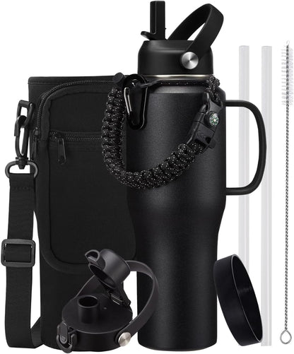 32 oz Stainless Steel Water Bottle with Straw - Spout Lid, Carrier Bag, Keep Cold-48H & Hot-24H Vacuum Insulated Flask Water Bottles Fits in Car Cup Holder, Bike, Coffee Travel Mug