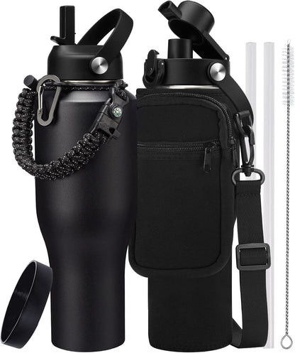 32 oz Stainless Steel Water Bottle with Straw - Spout Lid, Carrier Bag, Keep Cold-48H & Hot-24H Vacuum Insulated Flask Water Bottles Fits in Car Cup Holder, Bike, Coffee Travel Mug