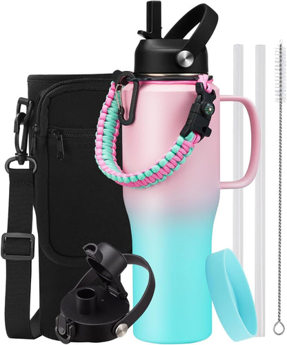 32 oz Stainless Steel Water Bottle with Straw - Spout Lid, Carrier Bag, Keep Cold-48H & Hot-24H Vacuum Insulated Flask Water Bottles Fits in Car Cup Holder, Bike, Coffee Travel Mug