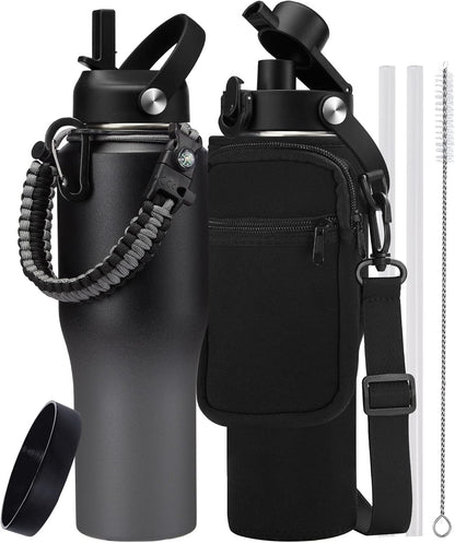 32 oz Stainless Steel Water Bottle with Straw - Spout Lid, Carrier Bag, Keep Cold-48H & Hot-24H Vacuum Insulated Flask Water Bottles Fits in Car Cup Holder, Bike, Coffee Travel Mug