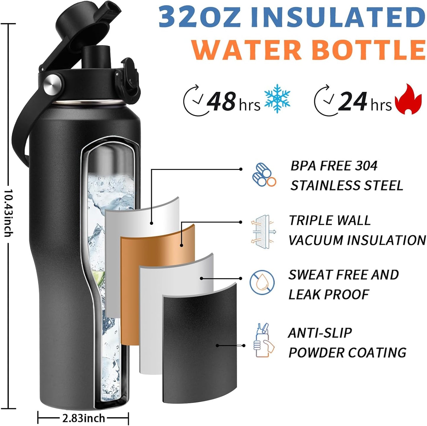 32 oz Stainless Steel Water Bottle with Straw - Spout Lid, Carrier Bag, Keep Cold-48H & Hot-24H Vacuum Insulated Flask Water Bottles Fits in Car Cup Holder, Bike, Coffee Travel Mug