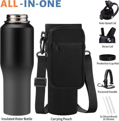 32 oz Stainless Steel Water Bottle with Straw - Spout Lid, Carrier Bag, Keep Cold-48H & Hot-24H Vacuum Insulated Flask Water Bottles Fits in Car Cup Holder, Bike, Coffee Travel Mug
