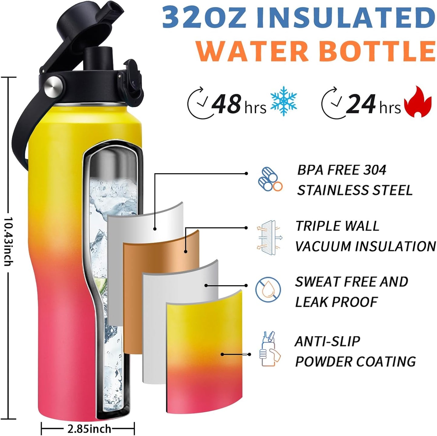 32 oz Stainless Steel Water Bottle with Straw - Spout Lid, Carrier Bag, Keep Cold-48H & Hot-24H Vacuum Insulated Flask Water Bottles Fits in Car Cup Holder, Bike, Coffee Travel Mug