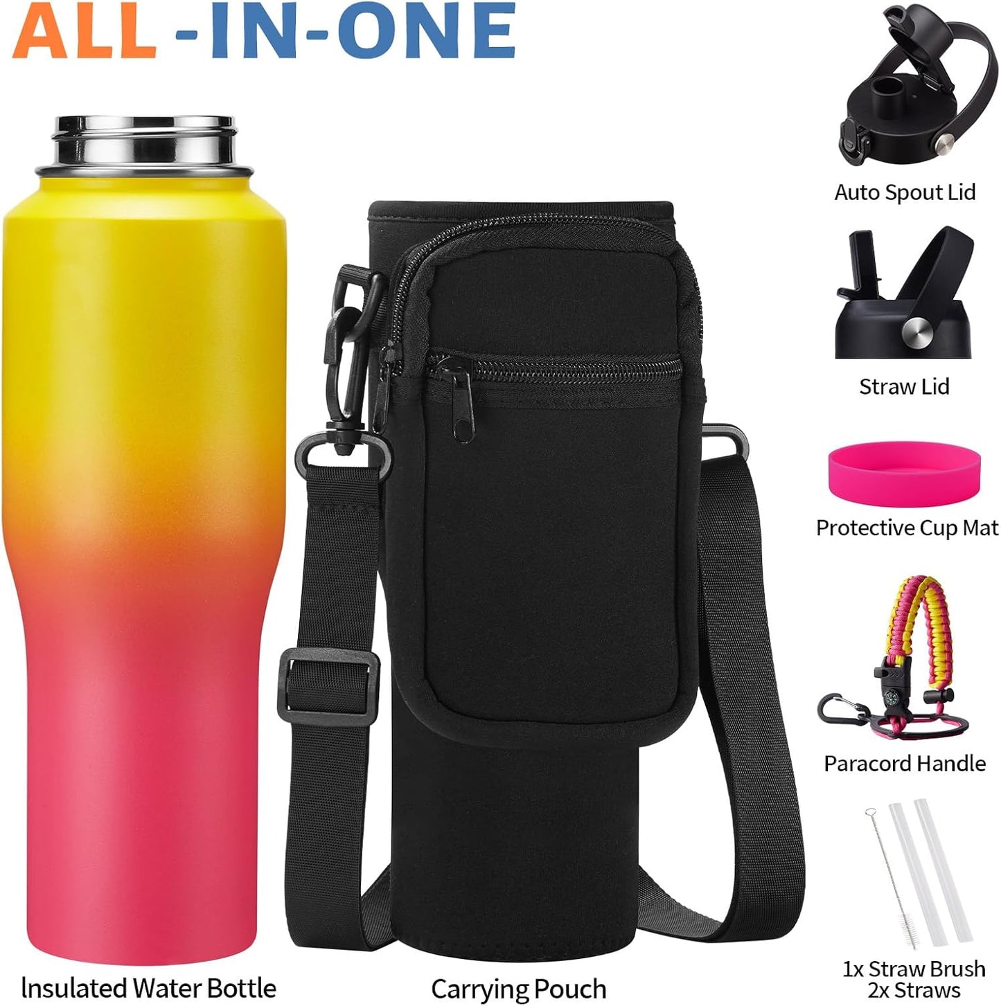 32 oz Stainless Steel Water Bottle with Straw - Spout Lid, Carrier Bag, Keep Cold-48H & Hot-24H Vacuum Insulated Flask Water Bottles Fits in Car Cup Holder, Bike, Coffee Travel Mug