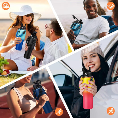 32 oz Stainless Steel Water Bottle with Straw - Spout Lid, Carrier Bag, Keep Cold-48H & Hot-24H Vacuum Insulated Flask Water Bottles Fits in Car Cup Holder, Bike, Coffee Travel Mug