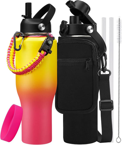 32 oz Stainless Steel Water Bottle with Straw - Spout Lid, Carrier Bag, Keep Cold-48H & Hot-24H Vacuum Insulated Flask Water Bottles Fits in Car Cup Holder, Bike, Coffee Travel Mug