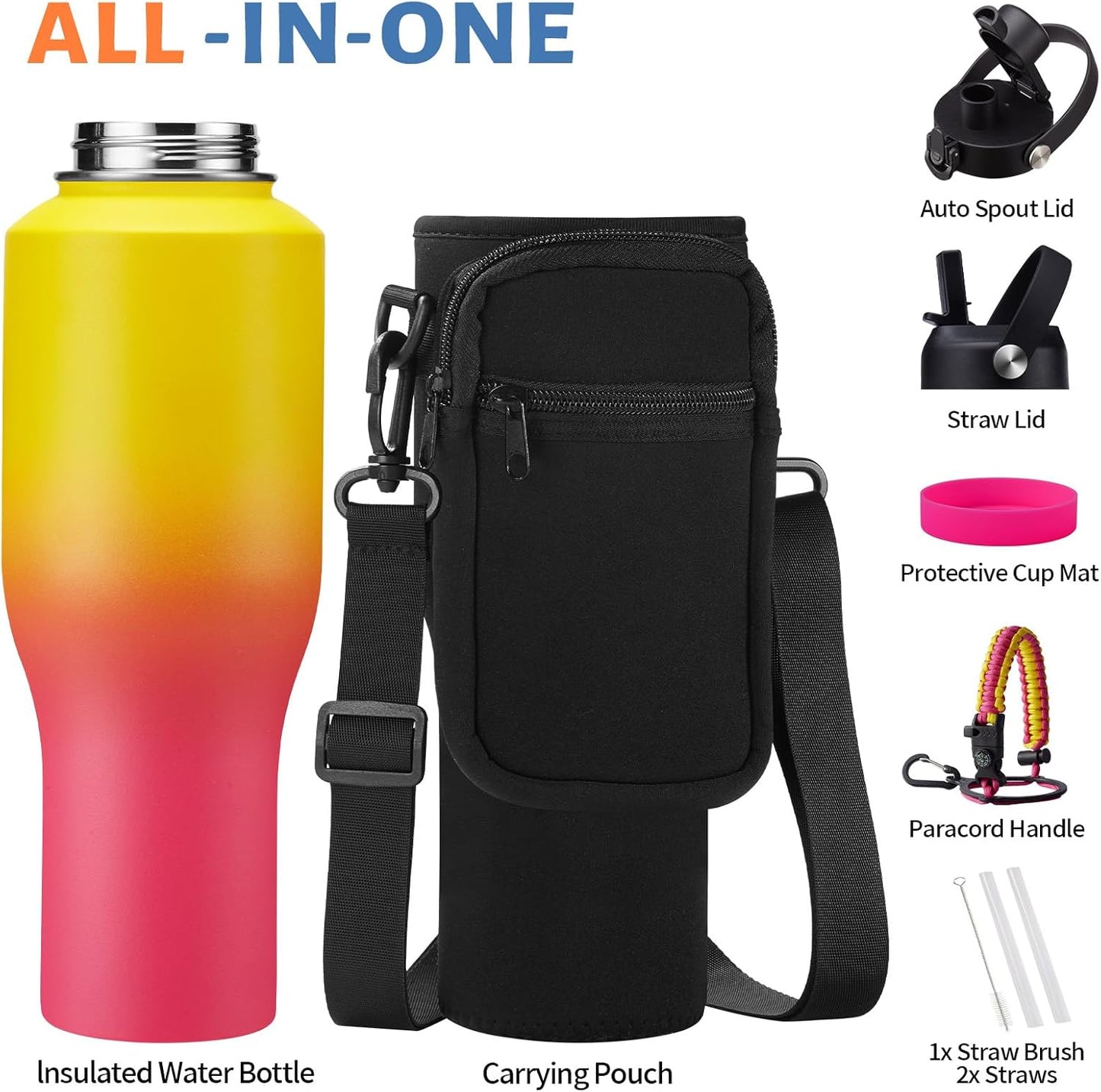 32 oz Stainless Steel Water Bottle with Straw - Spout Lid, Carrier Bag, Keep Cold-48H & Hot-24H Vacuum Insulated Flask Water Bottles Fits in Car Cup Holder, Bike, Coffee Travel Mug
