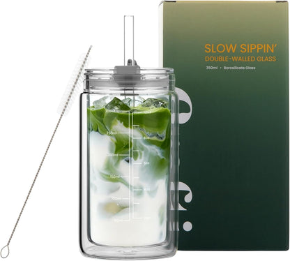 Slow Sippin' Glass Tumbler with Straw & Lid – 11.8oz / 350ml Double-Walled Glass Coffee Cup, Matcha Cup with Volume Markings, Tritan® Straw & Cleaner