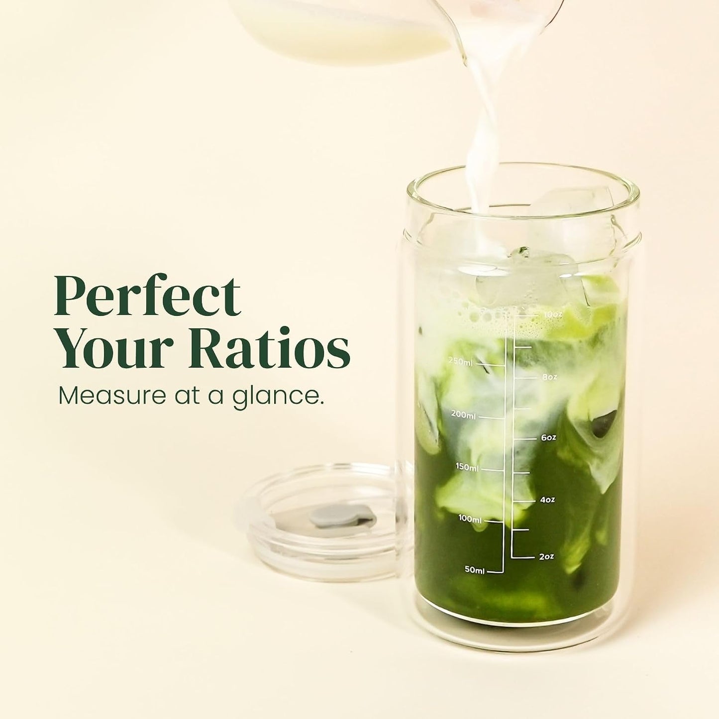 Slow Sippin' Glass Tumbler with Straw & Lid – 11.8oz / 350ml Double-Walled Glass Coffee Cup, Matcha Cup with Volume Markings, Tritan® Straw & Cleaner