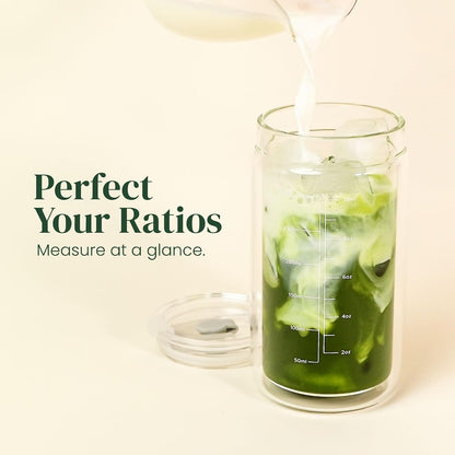 Slow Sippin' Glass Tumbler with Straw & Lid – 11.8oz / 350ml Double-Walled Glass Coffee Cup, Matcha Cup with Volume Markings, Tritan® Straw & Cleaner