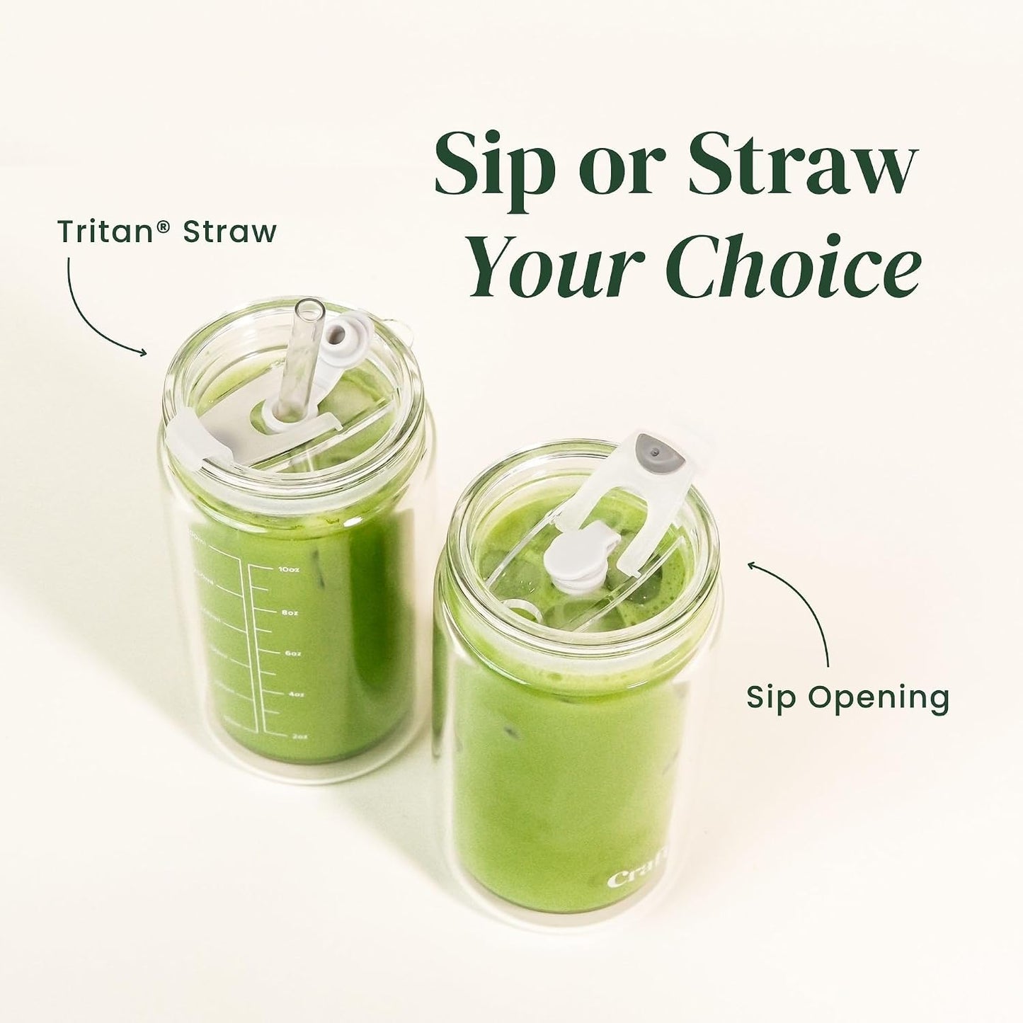 Slow Sippin' Glass Tumbler with Straw & Lid – 11.8oz / 350ml Double-Walled Glass Coffee Cup, Matcha Cup with Volume Markings, Tritan® Straw & Cleaner