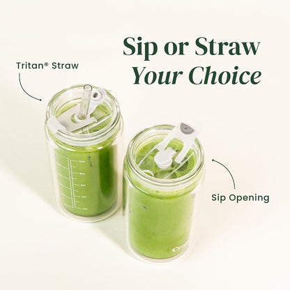 Slow Sippin' Glass Tumbler with Straw & Lid – 11.8oz / 350ml Double-Walled Glass Coffee Cup, Matcha Cup with Volume Markings, Tritan® Straw & Cleaner