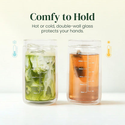 Slow Sippin' Glass Tumbler with Straw & Lid – 11.8oz / 350ml Double-Walled Glass Coffee Cup, Matcha Cup with Volume Markings, Tritan® Straw & Cleaner