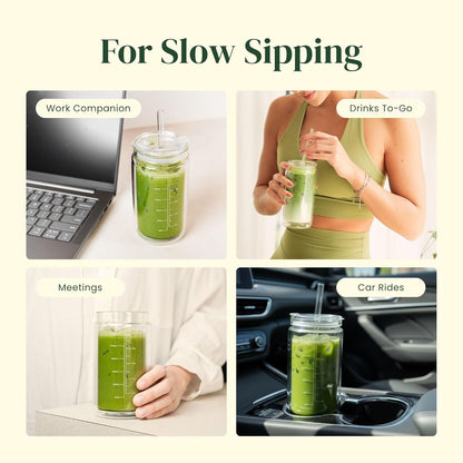 Slow Sippin' Glass Tumbler with Straw & Lid – 11.8oz / 350ml Double-Walled Glass Coffee Cup, Matcha Cup with Volume Markings, Tritan® Straw & Cleaner