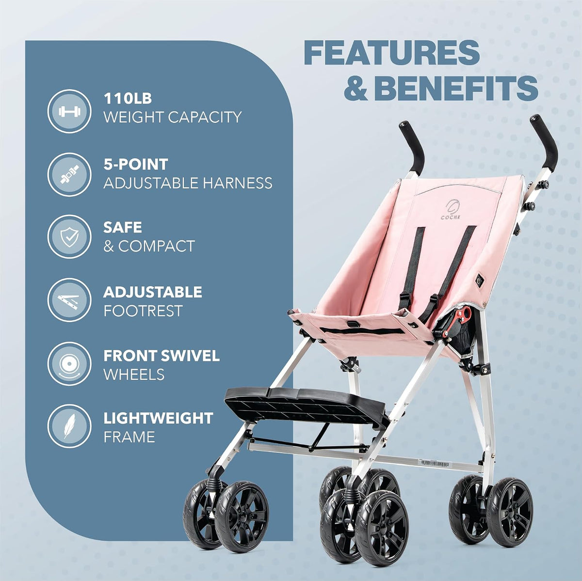XL Special Needs Stroller, Disability Stroller for Older Child, Larger Size Pushchair, Easy Folding System, Lightweight Aluminum Frame (Pink)