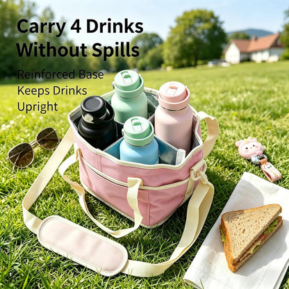 Drink Carrier Bag for 4 Cups, Water Bottle Holder with Adjustable Strap, Reusable Drink Holder Bag, Portable Beverage Caddy Tote for Coffee, Picnic, Office, Travel