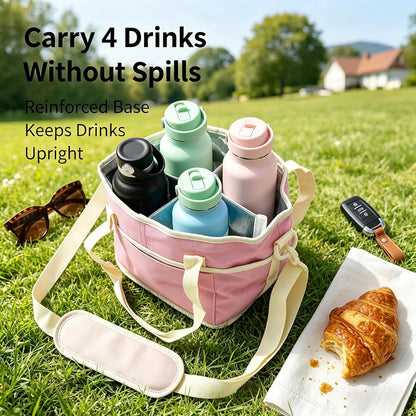 Drink Carrier Bag for 4 Cups, Water Bottle Holder with Adjustable Strap, Reusable Drink Holder Bag, Portable Beverage Caddy Tote for Coffee, Picnic, Office, Travel