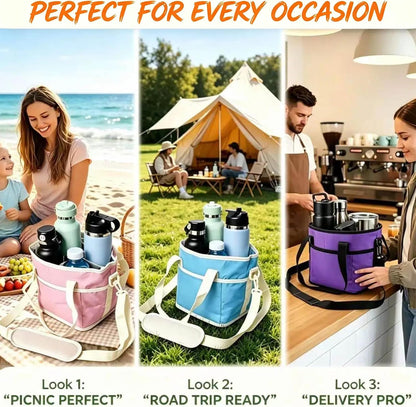 Drink Carrier Bag for 4 Cups, Water Bottle Holder with Adjustable Strap, Reusable Drink Holder Bag, Portable Beverage Caddy Tote for Coffee, Picnic, Office, Travel