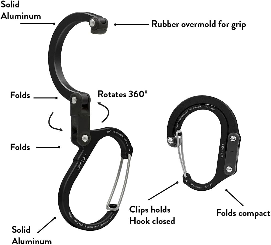HEROCLIP (Small) Carabiner Gear Clip and Hook, for Hanging Bags, Purses, Lanterns, Strollers, Tools, Helmets, Water Bottles, and More