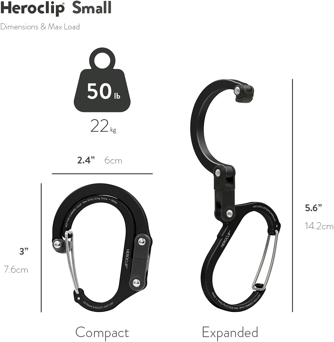 HEROCLIP (Small) Carabiner Gear Clip and Hook, for Hanging Bags, Purses, Lanterns, Strollers, Tools, Helmets, Water Bottles, and More
