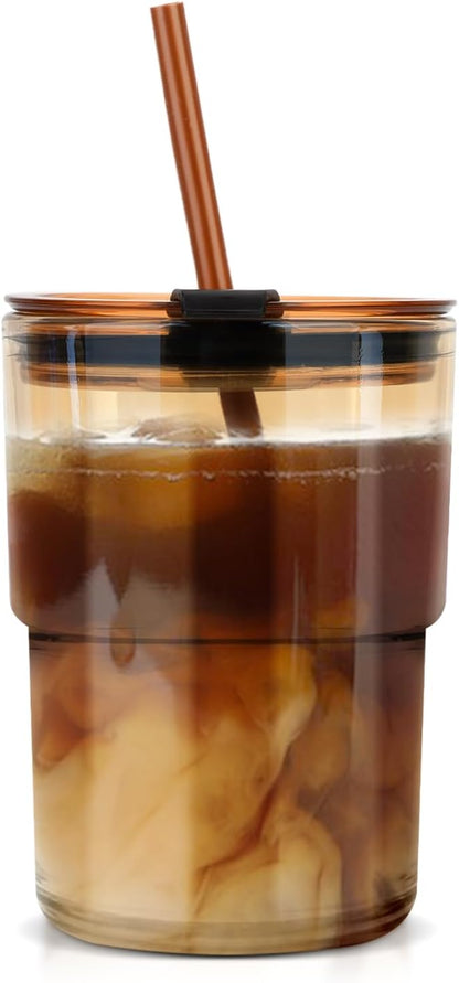 13 oz Glass Cups with Lids and Straws Reusable Iced Coffee Tumbler | Leak-Proof Thick Wall Travel Glass Coffee Cup for Iced Tea, Water, Office, Cup Holder Friendly, BPA Free (Shimmer,1 Pack)