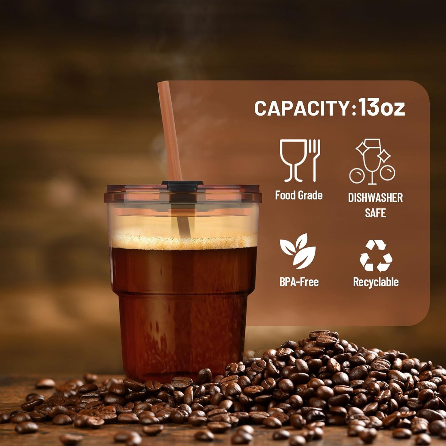 13 oz Glass Cups with Lids and Straws Reusable Iced Coffee Tumbler | Leak-Proof Thick Wall Travel Glass Coffee Cup for Iced Tea, Water, Office, Cup Holder Friendly, BPA Free (Shimmer,1 Pack)