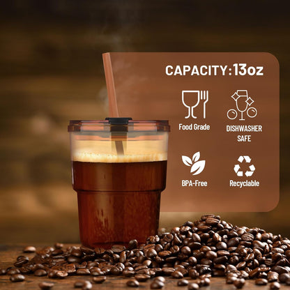 13 oz Glass Cups with Lids and Straws Reusable Iced Coffee Tumbler | Leak-Proof Thick Wall Travel Glass Coffee Cup for Iced Tea, Water, Office, Cup Holder Friendly, BPA Free (Shimmer,1 Pack)