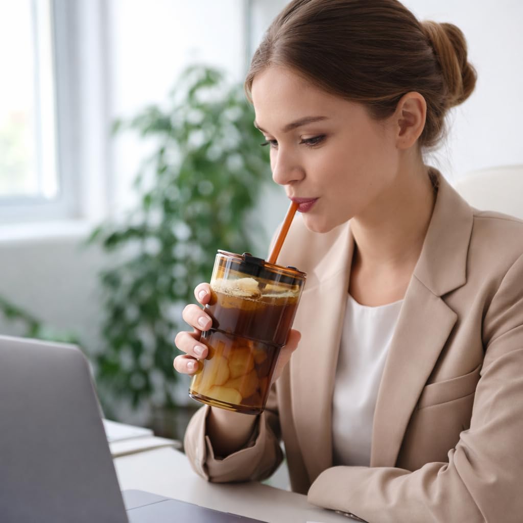 13 oz Glass Cups with Lids and Straws Reusable Iced Coffee Tumbler | Leak-Proof Thick Wall Travel Glass Coffee Cup for Iced Tea, Water, Office, Cup Holder Friendly, BPA Free (Shimmer,1 Pack)