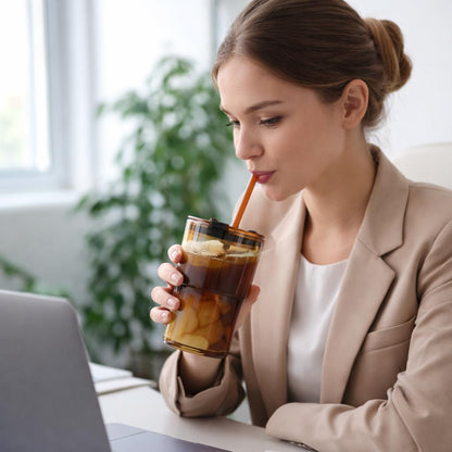 13 oz Glass Cups with Lids and Straws Reusable Iced Coffee Tumbler | Leak-Proof Thick Wall Travel Glass Coffee Cup for Iced Tea, Water, Office, Cup Holder Friendly, BPA Free (Shimmer,1 Pack)