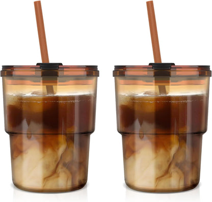 13 oz Glass Cups with Lids and Straws Reusable Iced Coffee Tumbler | Leak-Proof Thick Wall Travel Glass Coffee Cup for Iced Tea, Water, Office, Cup Holder Friendly, BPA Free (Shimmer,1 Pack)
