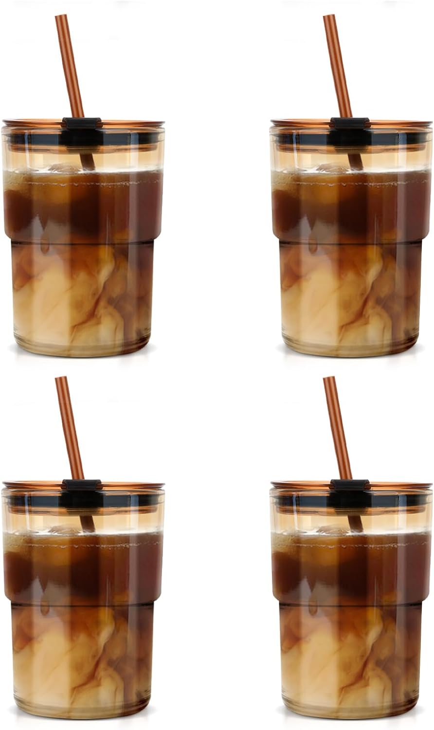 13 oz Glass Cups with Lids and Straws Reusable Iced Coffee Tumbler | Leak-Proof Thick Wall Travel Glass Coffee Cup for Iced Tea, Water, Office, Cup Holder Friendly, BPA Free (Shimmer,1 Pack)
