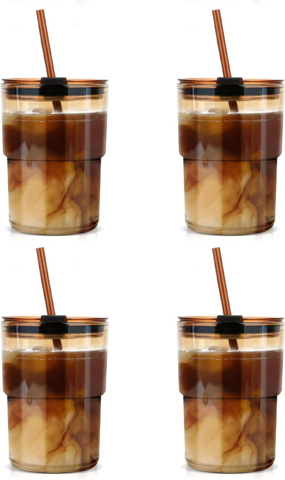13 oz Glass Cups with Lids and Straws Reusable Iced Coffee Tumbler | Leak-Proof Thick Wall Travel Glass Coffee Cup for Iced Tea, Water, Office, Cup Holder Friendly, BPA Free (Shimmer,1 Pack)