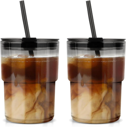 13 oz Glass Cups with Lids and Straws Reusable Iced Coffee Tumbler | Leak-Proof Thick Wall Travel Glass Coffee Cup for Iced Tea, Water, Office, Cup Holder Friendly, BPA Free (Shimmer,1 Pack)
