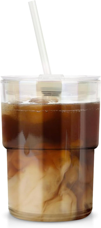 13 oz Glass Cups with Lids and Straws Reusable Iced Coffee Tumbler | Leak-Proof Thick Wall Travel Glass Coffee Cup for Iced Tea, Water, Office, Cup Holder Friendly, BPA Free (Shimmer,1 Pack)