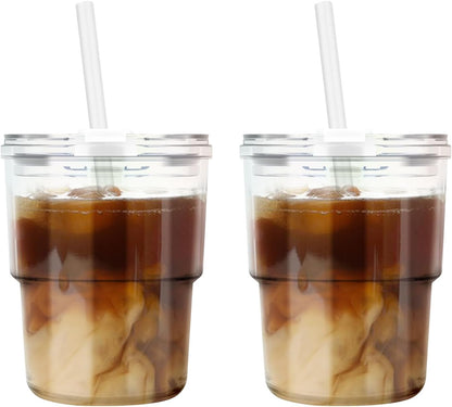 13 oz Glass Cups with Lids and Straws Reusable Iced Coffee Tumbler | Leak-Proof Thick Wall Travel Glass Coffee Cup for Iced Tea, Water, Office, Cup Holder Friendly, BPA Free (Shimmer,1 Pack)