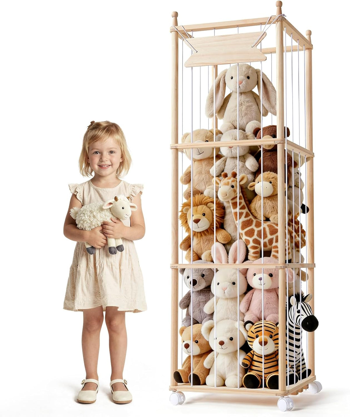 Stuffed Animal Storage with Wheels - Wood Stuffed Animals Organizer Holder Zoo Large Capacity Plush Toy Cage with Elastic Band for Playroom, Bedroom, Nursery