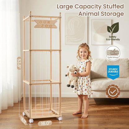 Stuffed Animal Storage with Wheels - Wood Stuffed Animals Organizer Holder Zoo Large Capacity Plush Toy Cage with Elastic Band for Playroom, Bedroom, Nursery
