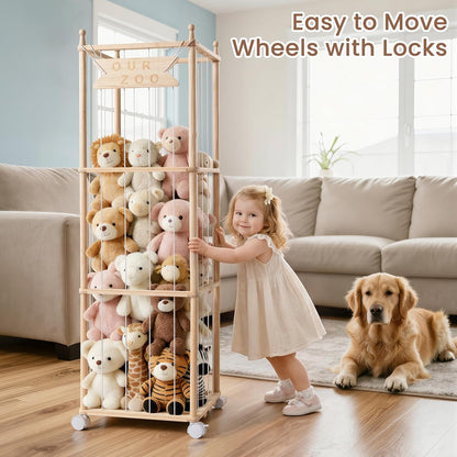 Stuffed Animal Storage with Wheels - Wood Stuffed Animals Organizer Holder Zoo Large Capacity Plush Toy Cage with Elastic Band for Playroom, Bedroom, Nursery